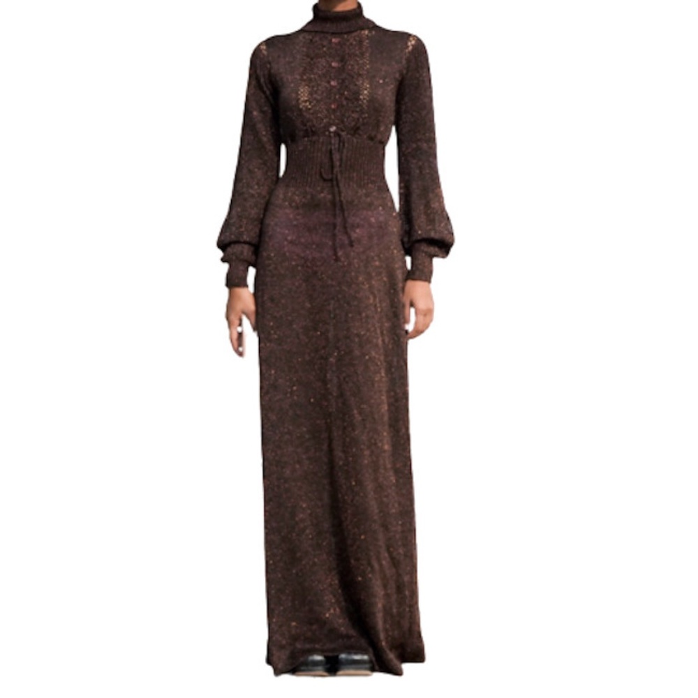 Vtg 70s Wenjilli Metallic Knit Maxi Dress 13/14